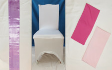 Set: Stuhlhusse weiß, 2 x Strechtband rosa, Tischläufer lila, von Deco2Event