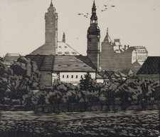 J. PAROUBEK (1877-1962), Blick auf die Burganlage, Prag,  1920, Holzschnitt
