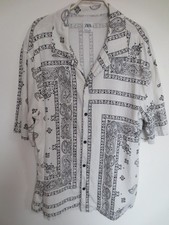 ZARA men Hemd kurzarm L 42 Paisley Print schwarz weiß Leinen Viskose /R