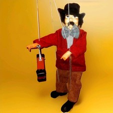 Reisender Mann mit Koffer & Hut Marionette aus *Holz & Stoff* Gliederpuppe 45 cm