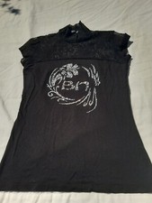 T-Shirt Damen, Stehkragen, elegant,Spitze, Ziersteine Strass, schwarz, S/M,blueB