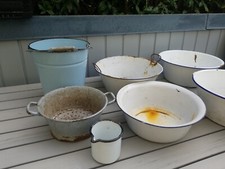7 x DDR Emaile Emaille Set Vintage Ostalgie Alt Schüssel Eimer Sieb