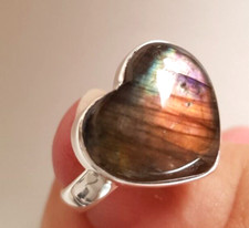 Herz Ring 925 Silber natürlicher Labradorit mehrfarbig 59 (18,8 mm Ø) Handarbeit