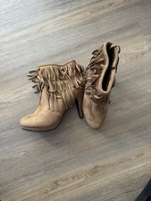 Stiefeletten Stiefel Schuhe Gr. 40 Braun mit Franzen und Spitzen Absatz mit Reiß