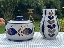 Wächtersbach Keramik Set Dose & Vase Handarbeit Fisch Herz Motiv Blaugrau