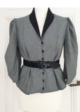 Schwarzweiss karierter Blazer mit Lack-Gürtel und Puffärmeln Vintage 