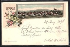 Lithographie Marktleugast, Blick auf die Ortschaft, Gruss mit Blumenstrauss 