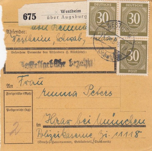 Paketkarte 1948 westheim üb - paketkarte, 1948: