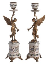 Kandelaber Pärchen Kerzenleuchter handbemaltes Porzellan Bronze & Engelfiguren