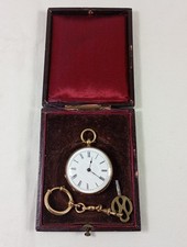 Schlüsseltaschenuhr / Taschenuhr Gold 585  im Uhrenetui um 1875