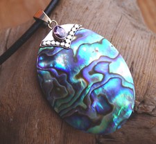 Groß Silber Anhänger 6 x 3,5 cm Abalone Paua Muschel Regenbogen Amethyst Modern