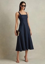 Reiss Etta marineblaues Korsett-Midikleid aus 100 % Leinen marineblau UK-Größe 10