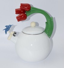 Vintage Kamenstein Wasserkessel Flöte Teekessel Email Kolibri Tulpen 1980