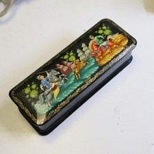 Bemalte Lackdose, Tabakdose, Jagdmotiv, 12 x 4 x 3 cm                B18