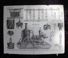 Antiker Holzstich Pumpen Dampffeuerspritze 1871