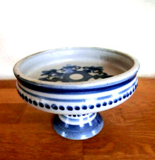 Obstschale mit Standfuß, Keramik, rund Blau und Grau Salzglasur