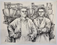 DDR Kunst - Siegfried RATZLAFF - "Zwei Schiffsbauer" Tuschzeichnung 1969 Leipzig