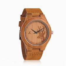 KIM JOHANSON HOLZ ARMBANDUHR *REWILD* BRAUN LEDER ARMBAND QUARZ BAMBUS UHR NEU