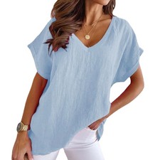 Damen Tunika aus Baumwolle-Leinen - V-Ausschnitt Bluse Übergröße DE