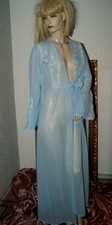 Herrlicher zarter Nylon Negligee-Mantel hellblau Volant Lieselotte Dassbach 48