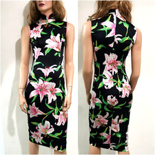 🆓US🛃 Vintage Dolce&Gabbana Pink Lilly Printed Black Silk Satin Dress IT 38