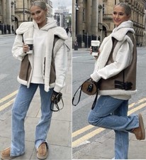 Zara Neu Brauner Kontrast Kunst Shearling Weste Pelzkragen Weste Pilotenjacke