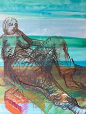 Malerin Brigitte Tietze Berlin Ölgemälde Weiblicher Akt am Meer mit Koffer #326