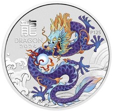 1 OZ Silber Lunar 3 Drache 2024 mit Farbapplikation Lila Purple Dragon color