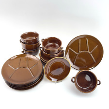 Vintage Fondue & Suppen Set 6 Personen – braunes Keramikgeschirr Retro Gedeck