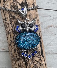 Statement, Kette, Longkette,Halskette, XL Eule, silber, blau, Modestein Strass