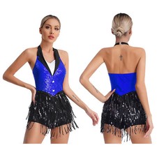 DE Damen Turnanzug Cha-Cha Tanzkleid Fransen Latein Kleider Tango Trikot Halter