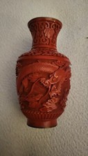 ROTLACK SCHNITZLACK VASE Drachen VASE CHINA um 1910 MESSING-KORPUS: ca. 17 cm