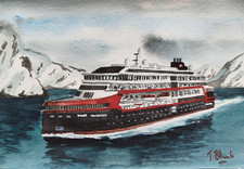 ORIGINAL AQUARELL - Hurtigruten Schiff "Roald Amundsen".