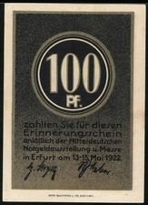 Notgeld Erfurt 1922, 100 Pfennig, Erinnerungsschein zur Mitteldeutschen Notgeld 