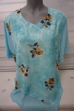 Damen Bluse Chiffon Oberteil Tunika  Gr. 50-52-54 Blau Zipfel Blumen Muster 