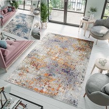 Teppich Kurzflor Orange Grau Blau Abstrakt Verwischt Schlafzimmer Wohnzimmer