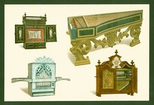 Lithographie anno 1892 - historische Musikinstrumente -tragbare Orgel Cembalo