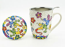 Teetasse Tasse Becher Keramik mit Teesieb und Keramikdeckel Mug Tee Gecko