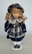 Puppe Sammlerpuppe Porzellankopf Kleid Hut Ständer 43 cm Kunsthandwerk torpline