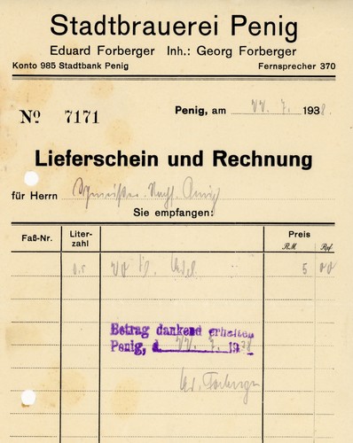 Rechnung stadtbrauerei penig - rechnung,