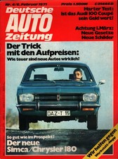 Zeitschrift Auto Zeitung #4 von 1971 6.2.1971 Simca Chrysler 180 Audi 100 Coupe