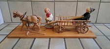 altes Miniatur Holz Pferdegespann mit Leiterwagen,handgefertigt auf Holzplatte
