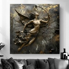 Leinwand Bild Frau Engel Schütze 3D Schwarz Bronze Metall Optik Wandbild 8464