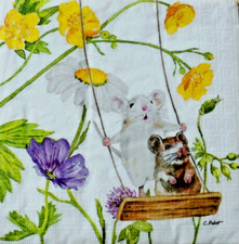 3 Servietten Maus auf Schaukel Blumen S138