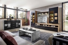 Wohnwand Anbauwand SONARE, Eiche Altholz Nb. / Hirnholz, schwarz MDF, inkl. LED