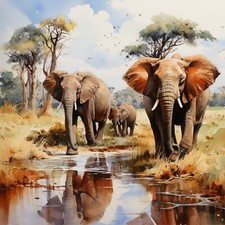 Deko Bild Afrika Elefanten Wasserstelle Steppe Savanne Wandbild Tiere Wandfliese