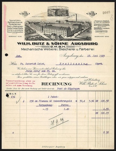 Rechnung augsburg 1929 wilh - rechnung, 1929,