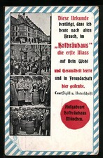 Ansichtskarte Münchner Hofbräuhaus, Gäste am Faß, Urkunde mit Siegel 1916 