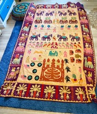 Handmade Decke Vintage Baumwolle 150x220 cm Applikationen Elefanten Boho Ethno