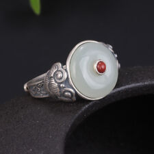 B35 Ring Scheibe aus heller Jade mit Wolkenmuster 925 Sterlingsilber